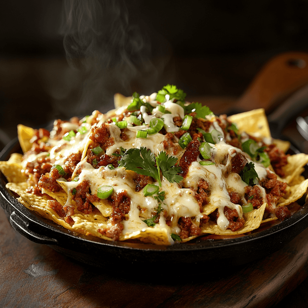 Sizzling Chorizo Queso Nachos with Fresh Cilantro and Green Onions