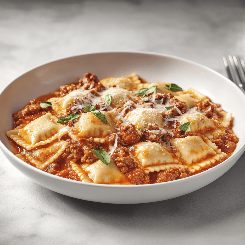 Baked Ravioli with Savory Meat Sauce and Cheese