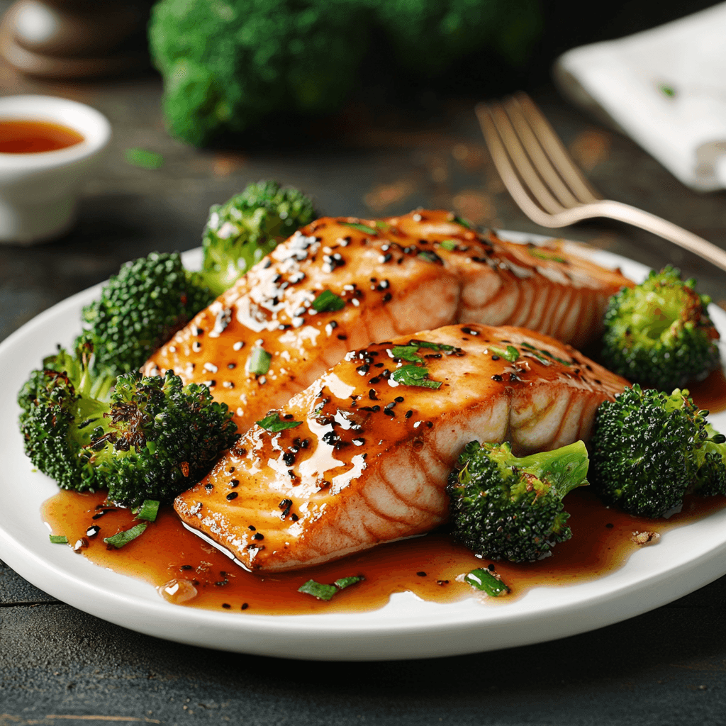 Broiled Salmon with Spicy Peach-Glazed Broccoli