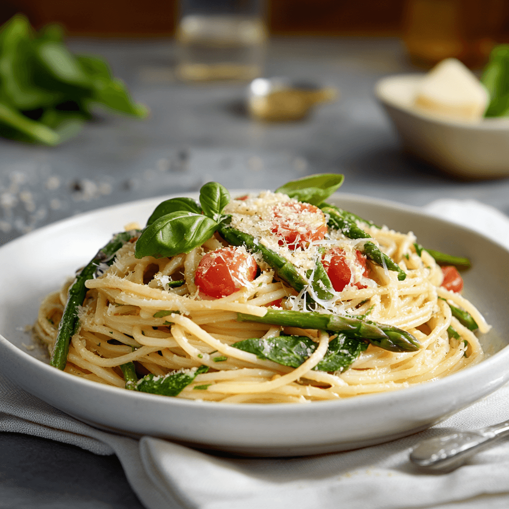 Garlic and Basil Spaghetti with Asparagus & Spinach Delight