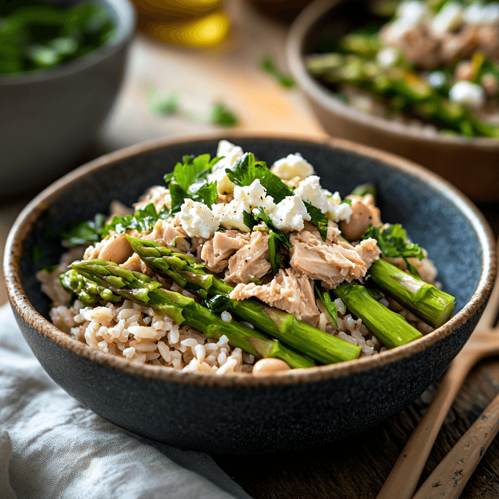Oven-Roasted Asparagus and Tuna Rice Bowl with Feta and Cannellini Beans