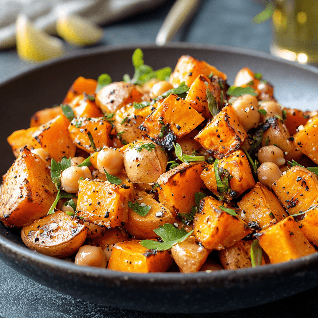 Oven-Roasted Sweet Potato and Chickpea Delight with Lemon Tahini Drizzle