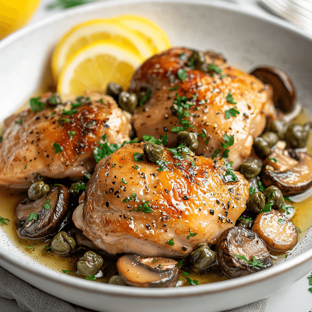 Pan-Fried Lemon and White Wine Chicken Thighs with Capers and Mushrooms