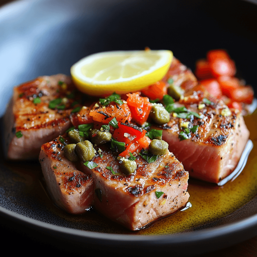 Pan-Seared Tuna with Lemon Capers and Roasted Red Peppers