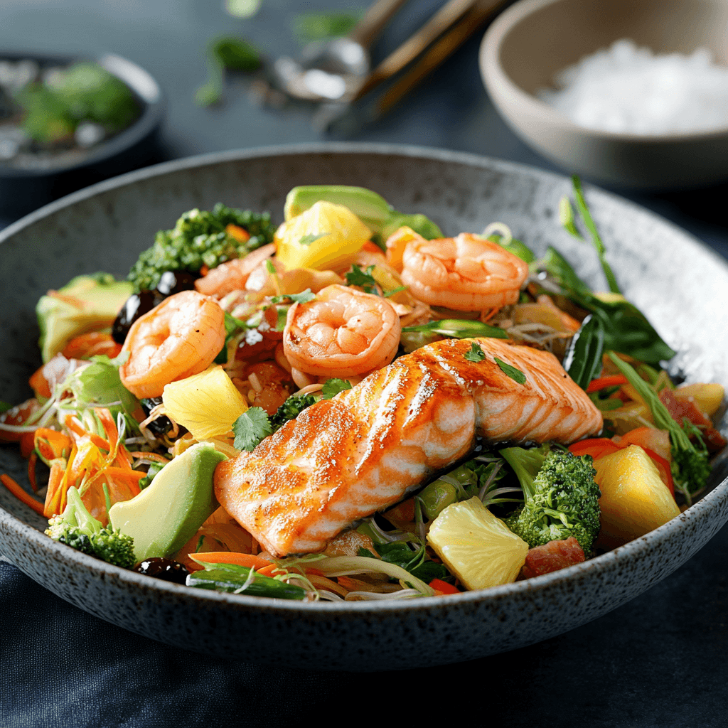 Salmon and Shrimp Stir Fry with Chili Lime Dressing
