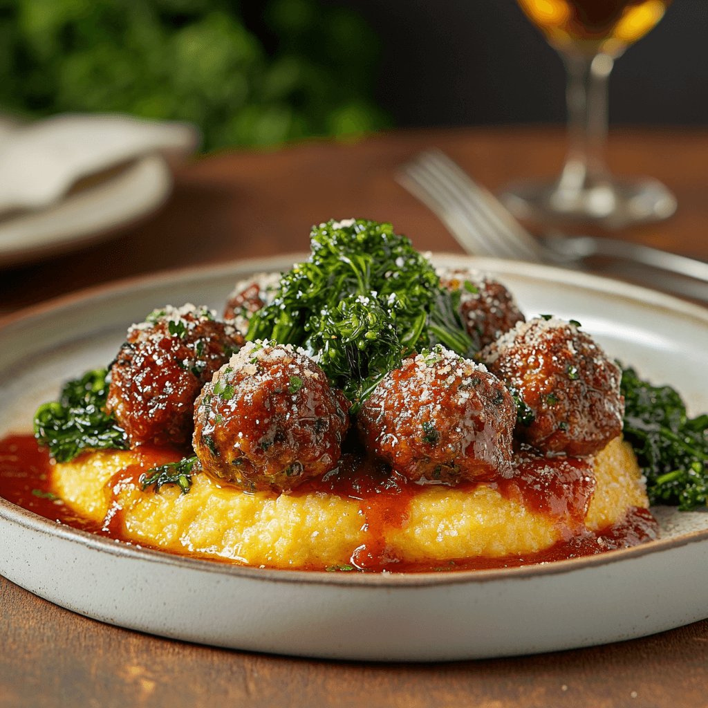 Savory Meatball Dinner with Pan-Fried Polenta and Broccoli Rabe