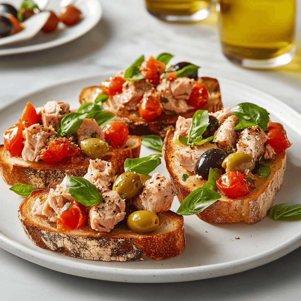 Savory Tuna Melt Bruschetta with Olive and Basil Medley