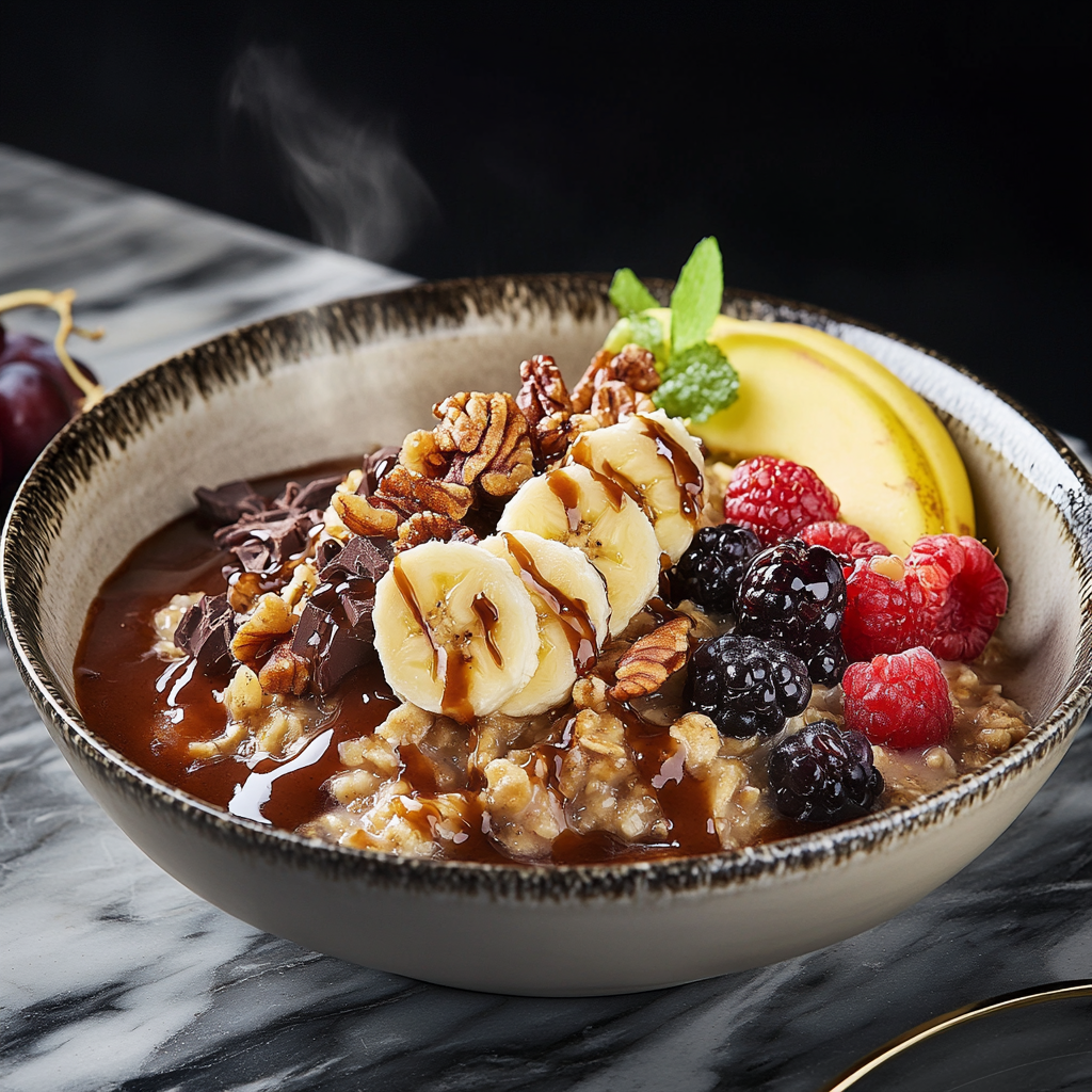 Slow-Cooked Breakfast Oatmeal with Caramelized Banana and Spiced Nuts