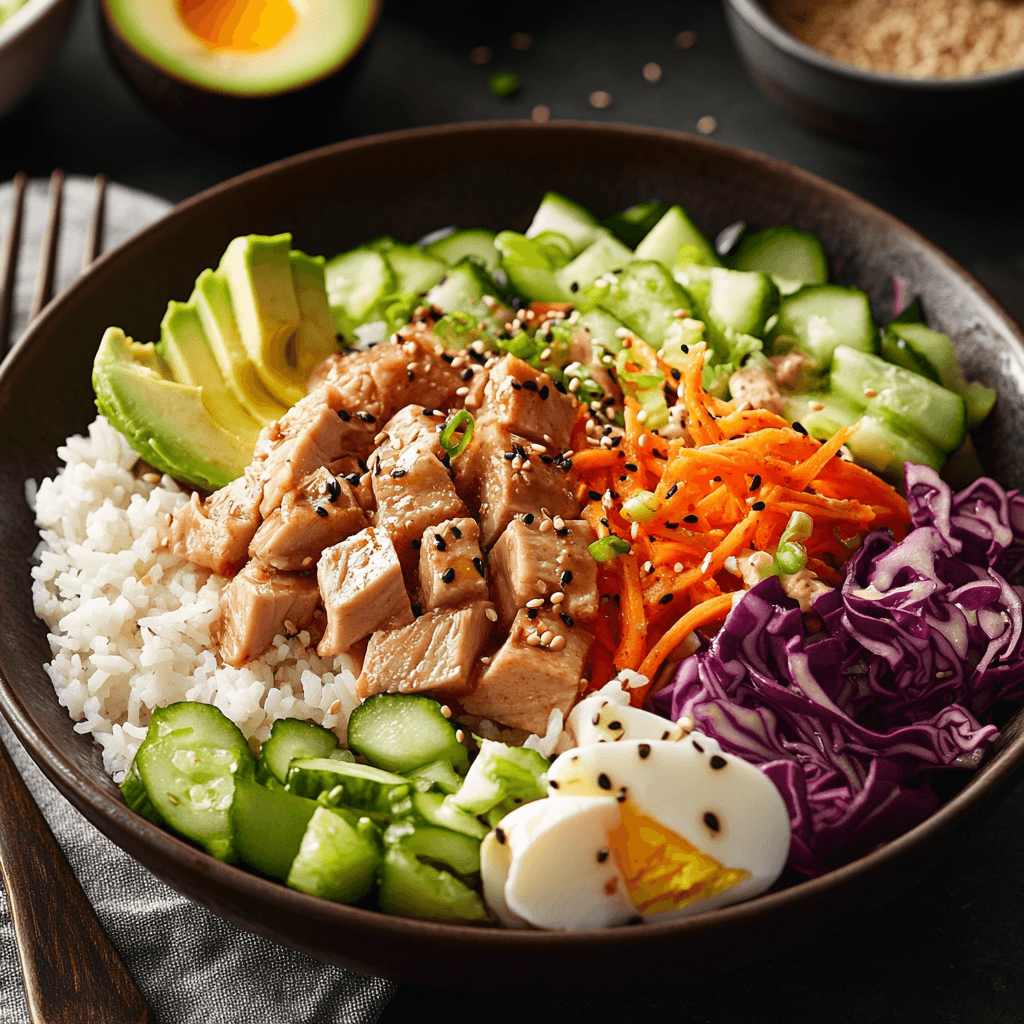 Spicy Albacore Tuna Rice Bowl with Avocado and Fresh Veggies