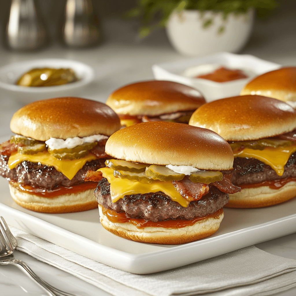 Ultimate Five-Cheese Bacon Beef Burgers with Dill Pickle Aioli