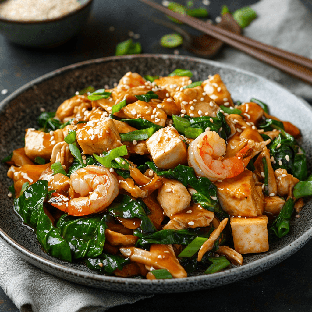 Ultimate Gourmet Stir Fry with Chicken, Shrimp, and Mixed Greens