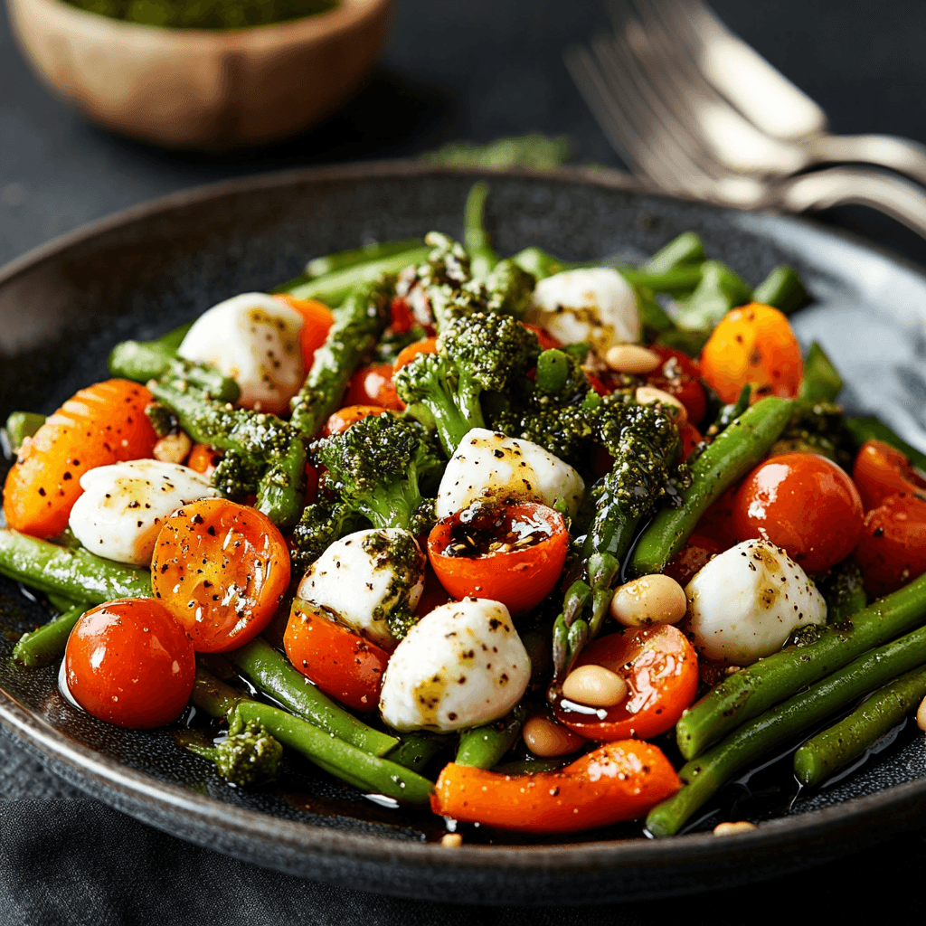 Balsamic Veggie Medley with Pesto Drizzle and Mozzarella