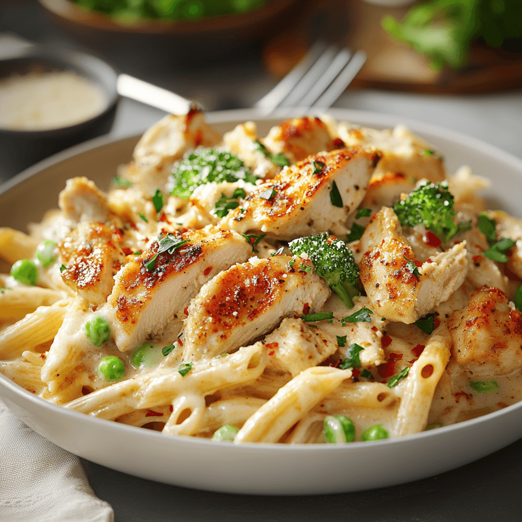 Cheesy Broiled Chicken Penne with Spicy Garlic Alfredo