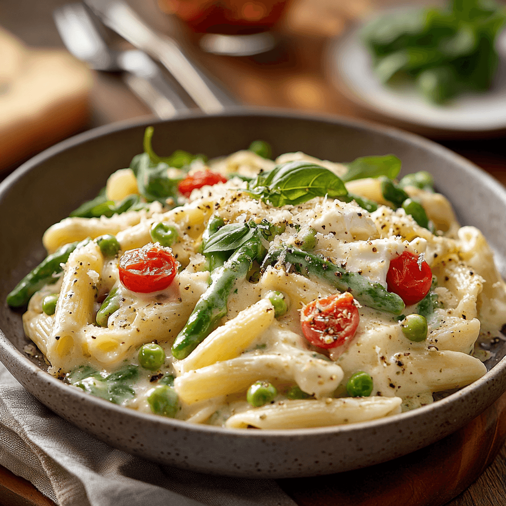 Creamy Pasta Primavera with Herbed Boursin and Parmesan