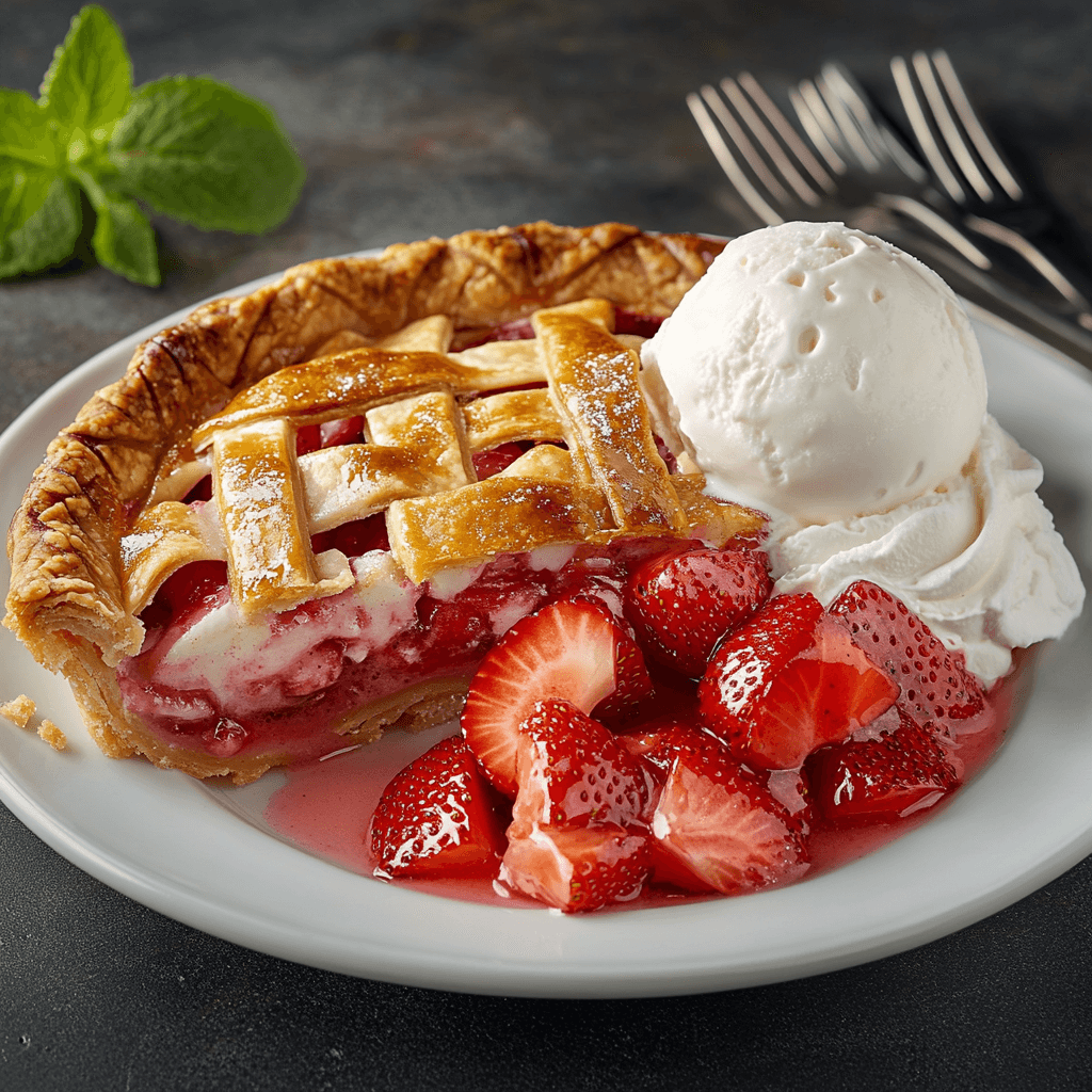 Decadent Strawberry Rhubarb Pie with Vanilla Ice Cream