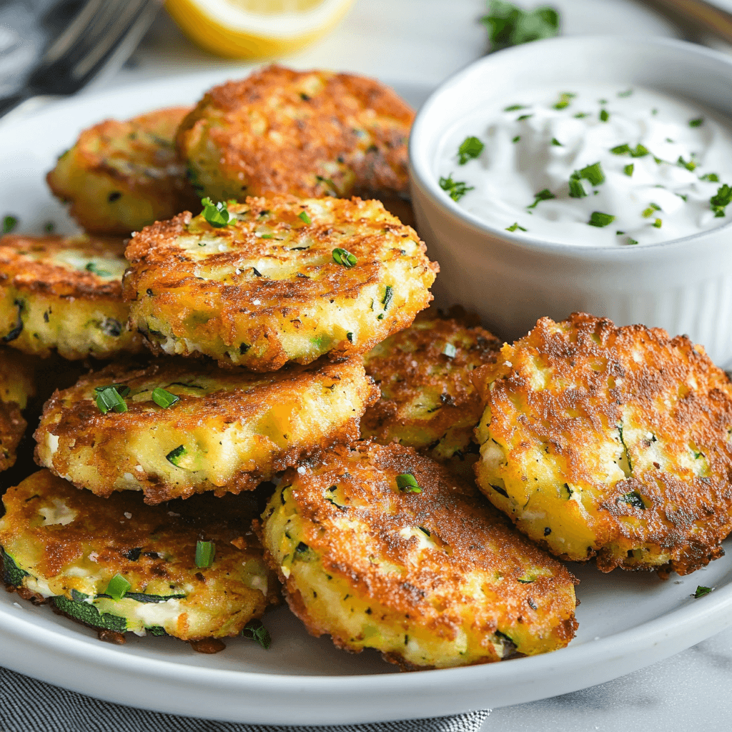 Deep-Fried Zucchini and Cheese Fritters with Lemon Herb Dip
