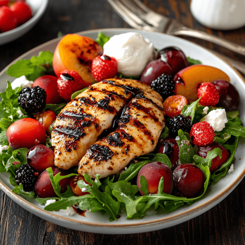 Grilled Chicken and Burrata Arugula Salad with Seasonal Fruits