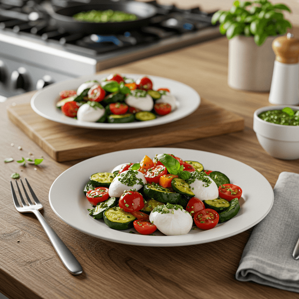 Balsamic Veggie Medley with Pesto Drizzle and Mozzarella