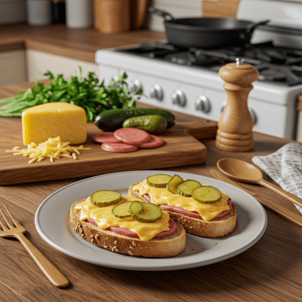 Cheddar and Pickle Open-Faced Broil