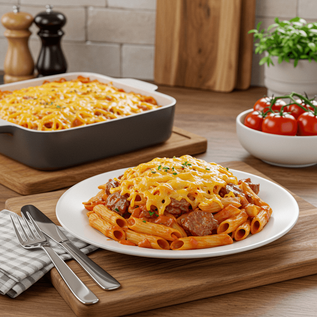 Cheesy Baked Beef and Pork Pasta
