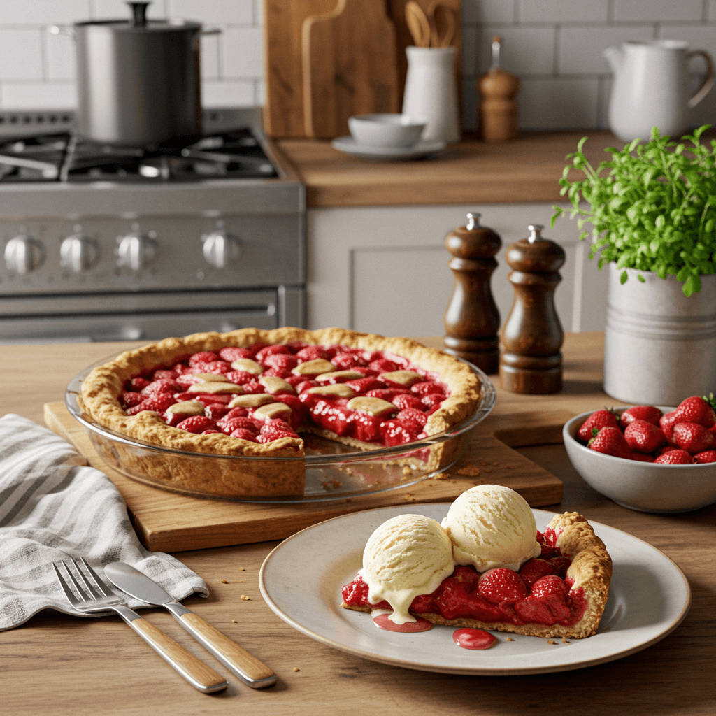Decadent Strawberry Rhubarb Pie with Vanilla Ice Cream