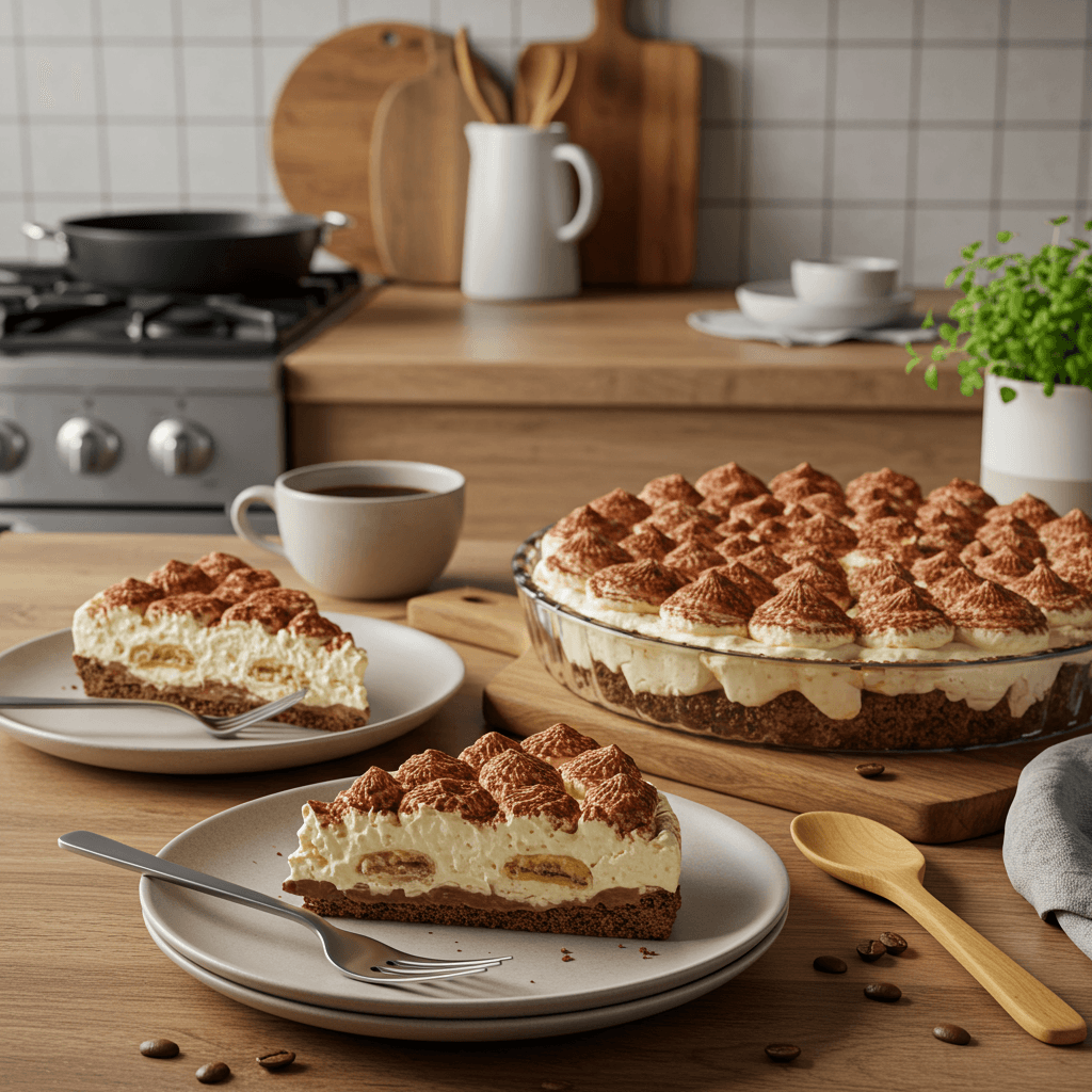 Frozen Tropical Tiramisu Pie with Coffee and Chocolate Layers