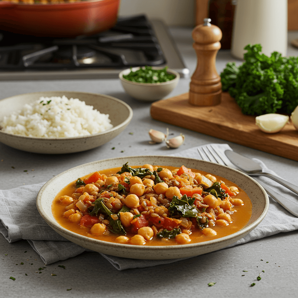 Hearty Mediterranean Chickpea and Lentil Stew with Garlic Kale