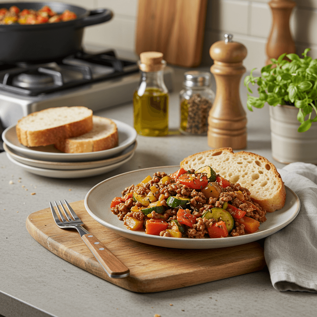 Hearty Sauteed Ratatouille with Ground Beef and Crusty Bread