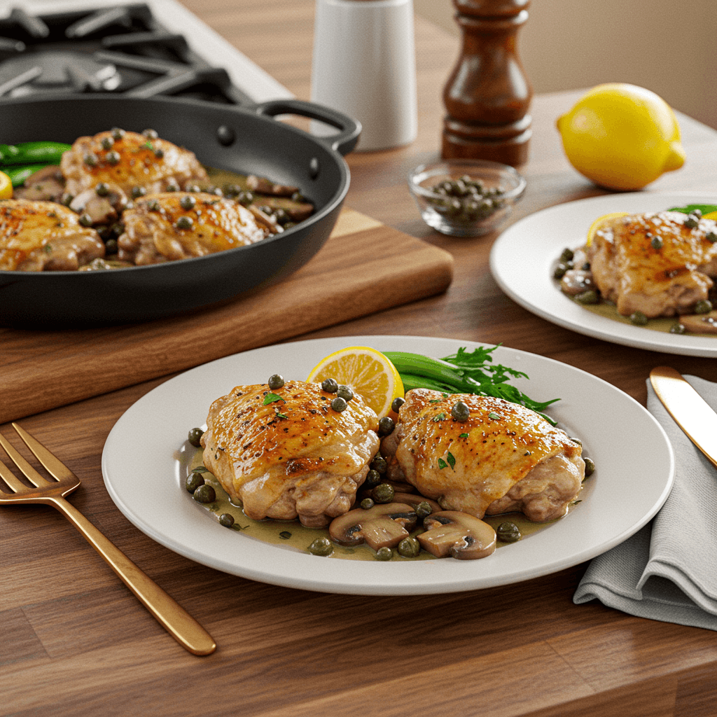 Lemon Butter Chicken Thighs with Capers and Mushrooms