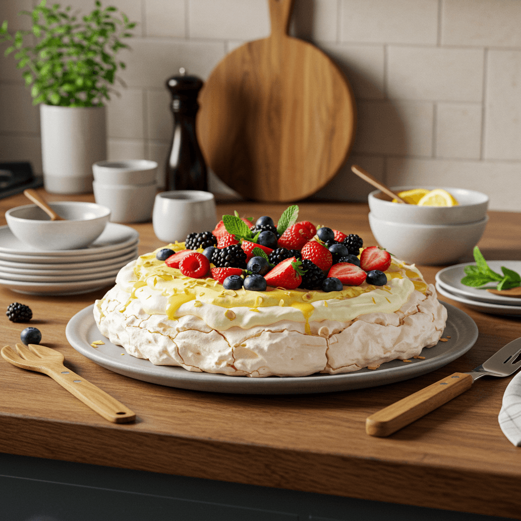 Lemon-Infused Almond Pavlova with Fresh Berries