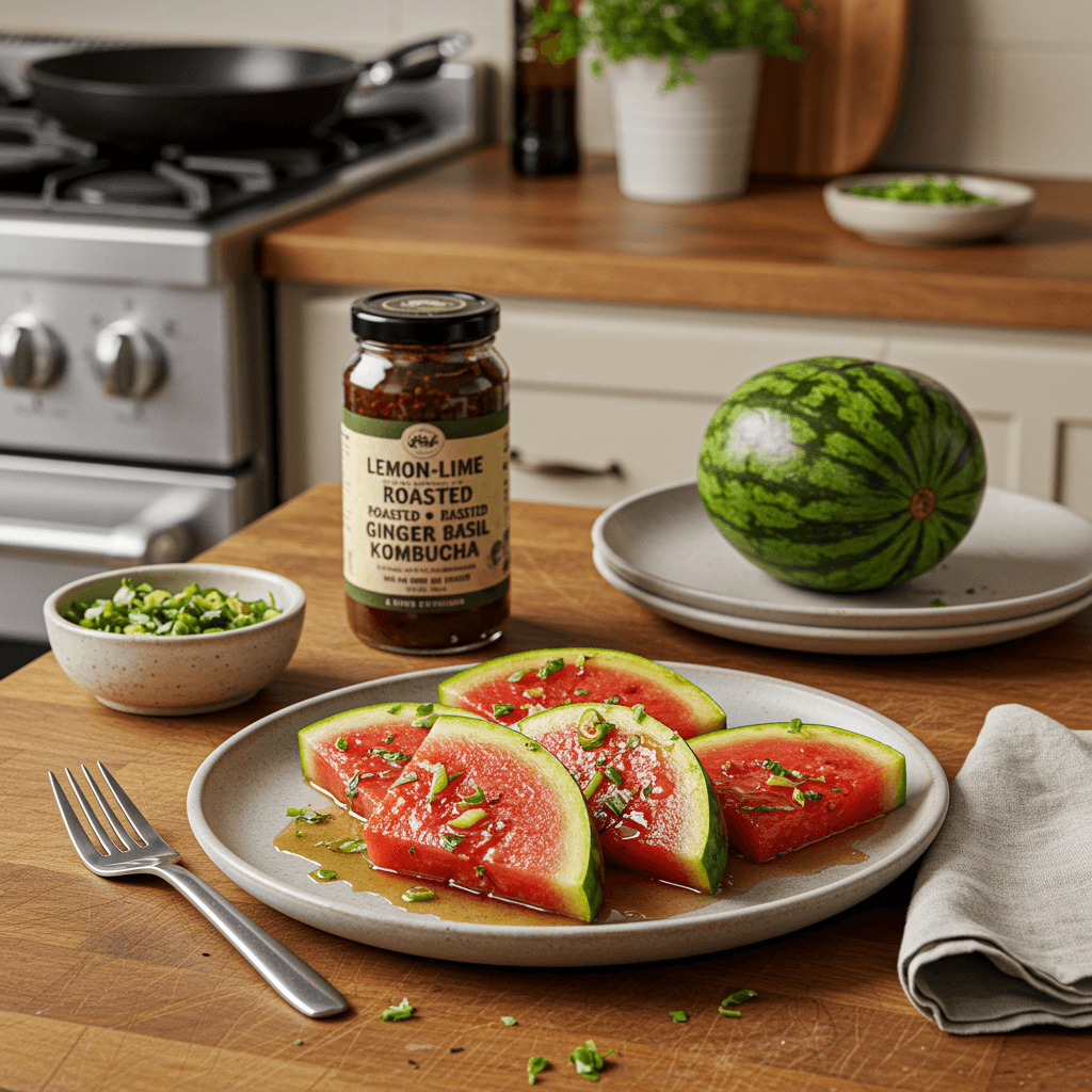 Lemon-Lime Roasted Watermelon with Ginger Basil Kombucha Glaze