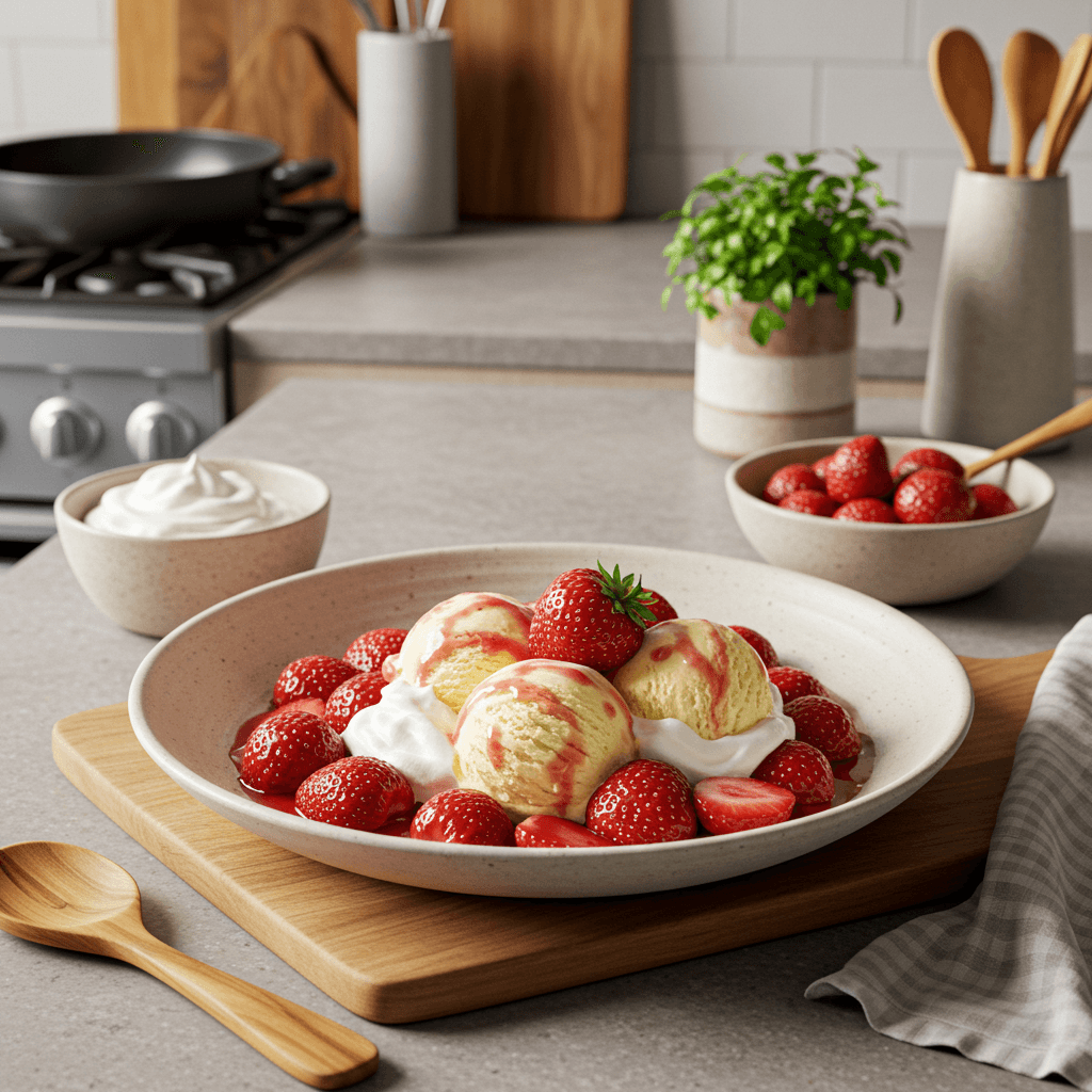 Macerated Strawberries with Vanilla Ice Cream & Whipped Cream