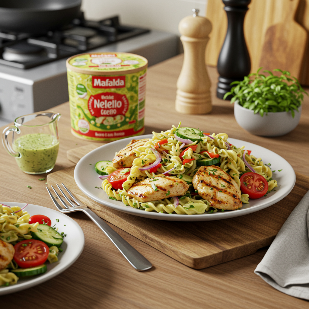 Mafalda Noodle Salad with Grilled Chicken and Herbed Dressing