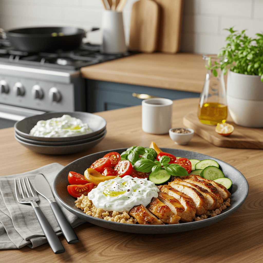 Mediterranean Pan-Fried Chicken Bowl with Tzatziki and Vegetables