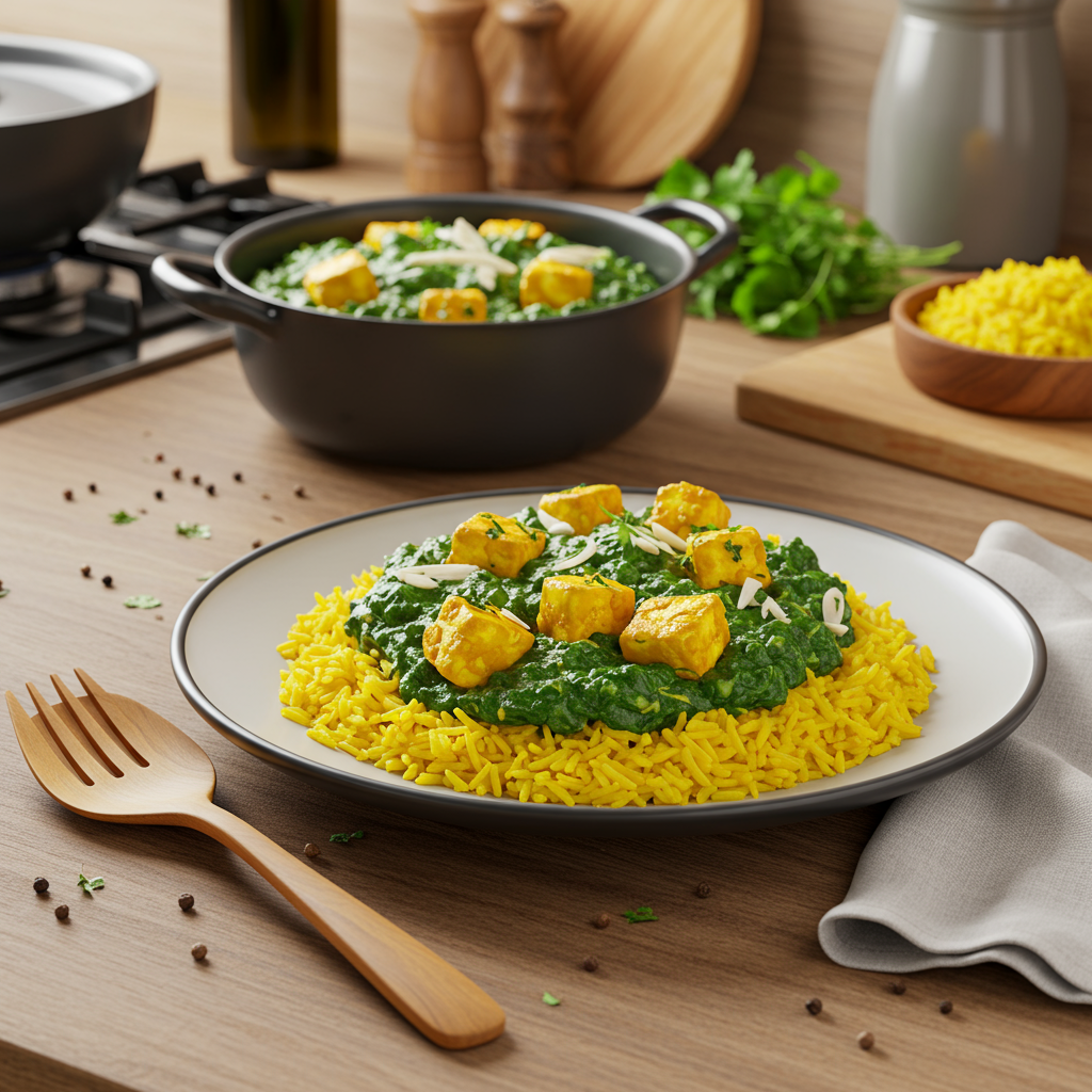 Microwave Spinach Paneer Delight with Turmeric Rice