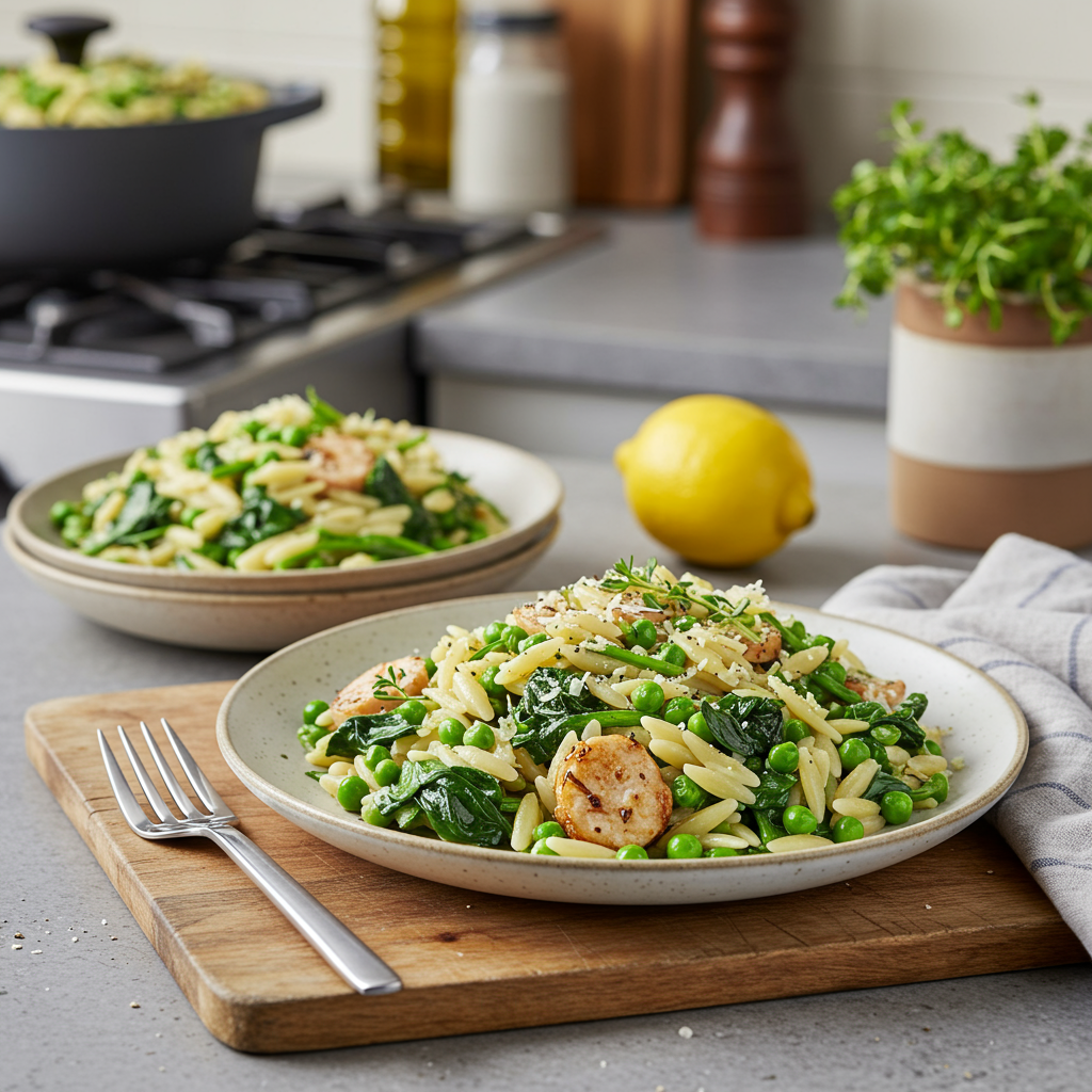 One-Pot Lemon Orzo with Spinach and Peas