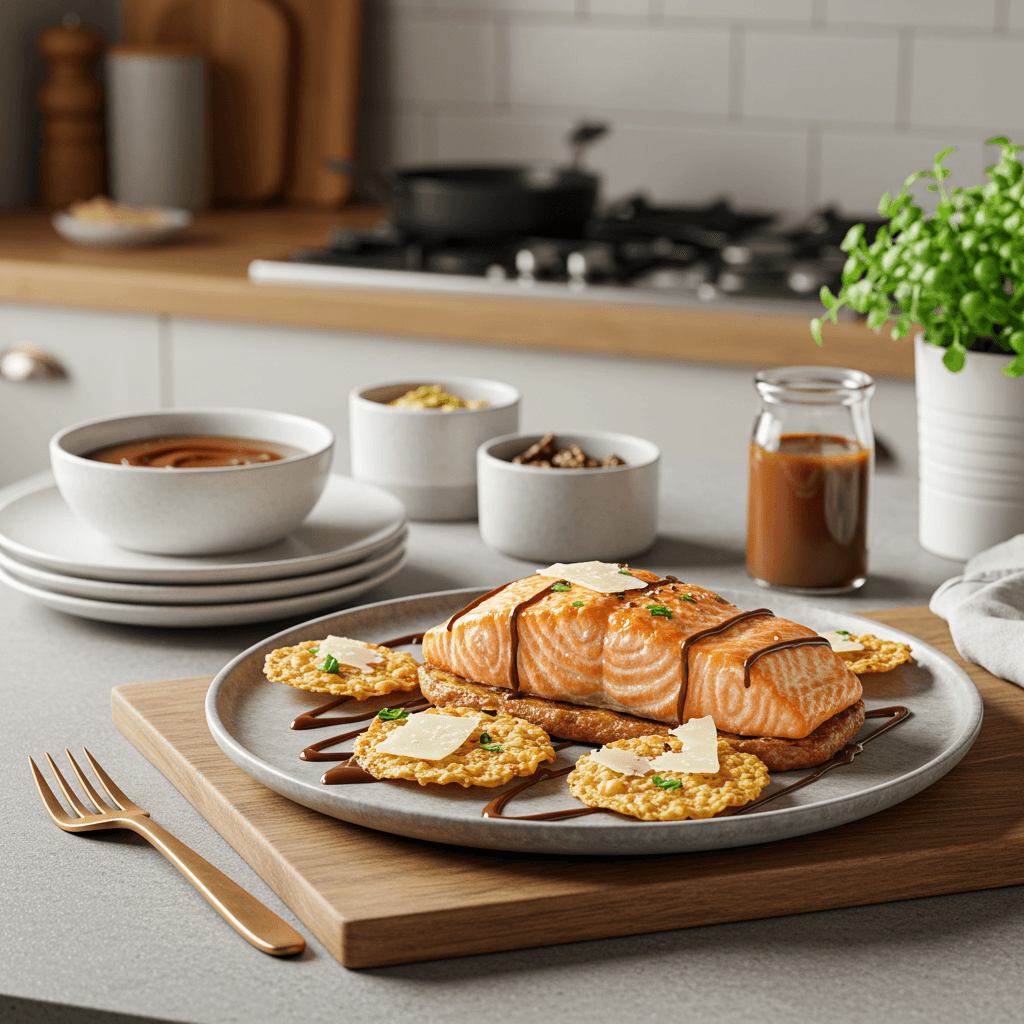 Oven-Baked Salmon & Parmesan Chips with Chocolate Caramel Drizzle