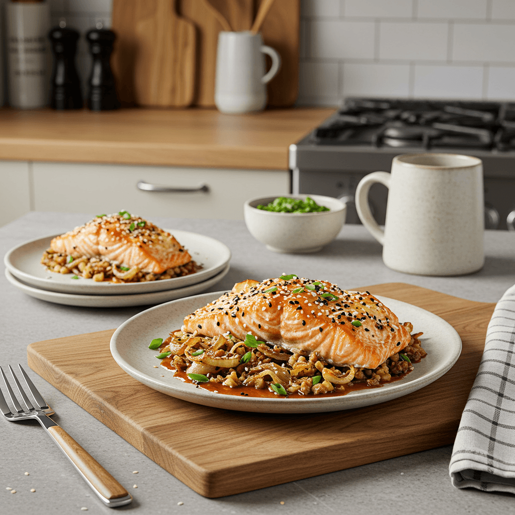 Oven-Baked Sesame Miso Salmon with Parmesan and Crispy Onion Topping