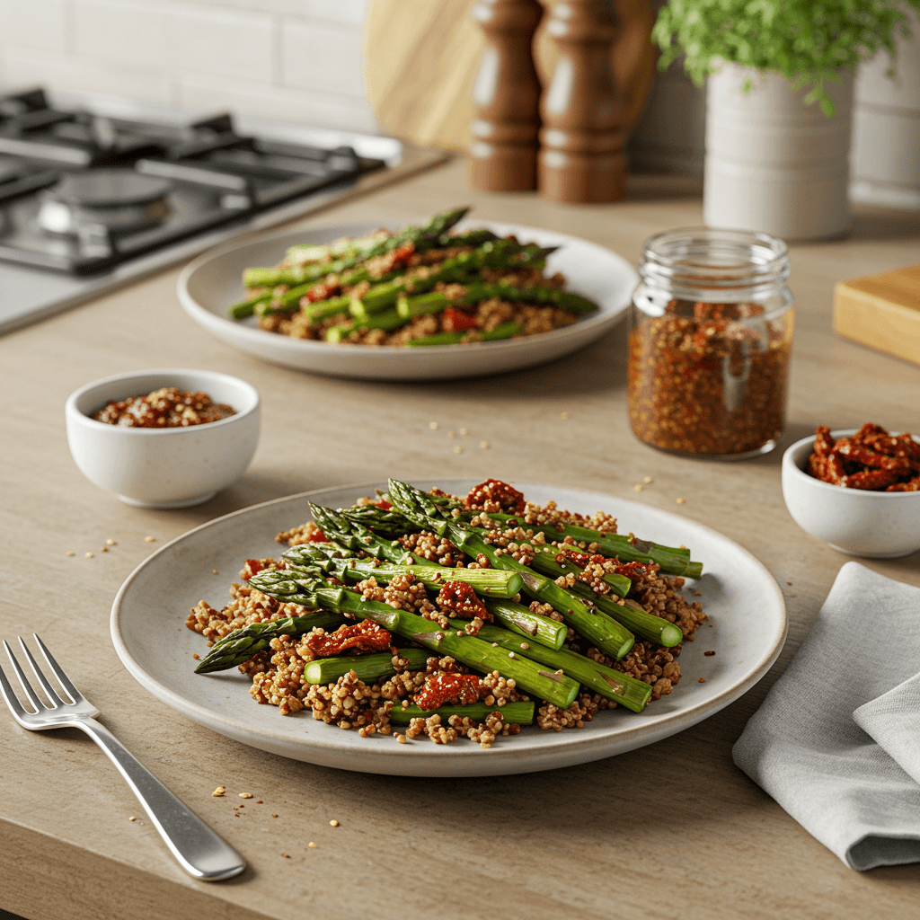 Oven-Roasted Asparagus and Quinoa with Sun-Dried Tomato Pesto