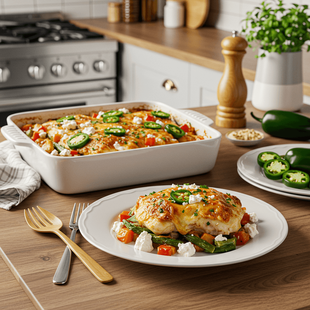 Oven-Roasted Chicken and Vegetable Casserole with Feta and Jalapeños