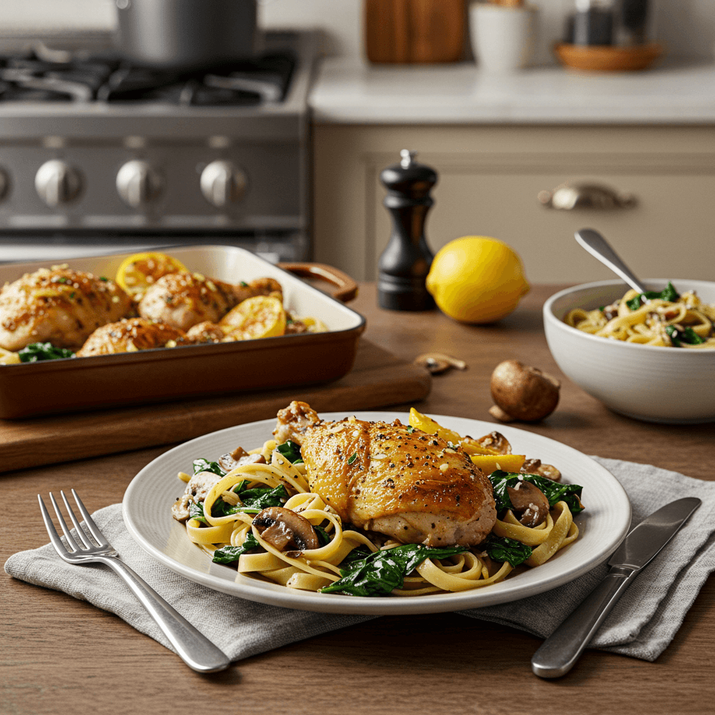 Oven-Roasted Lemon Herb Chicken with Mushroom Spinach Pasta