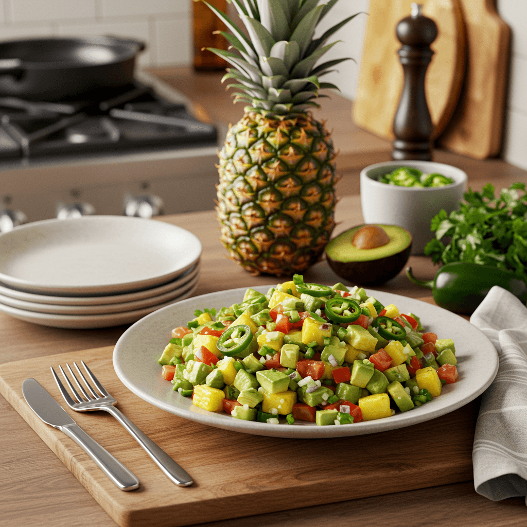 Oven-Roasted Pineapple Avocado Salsa with Jalapeños