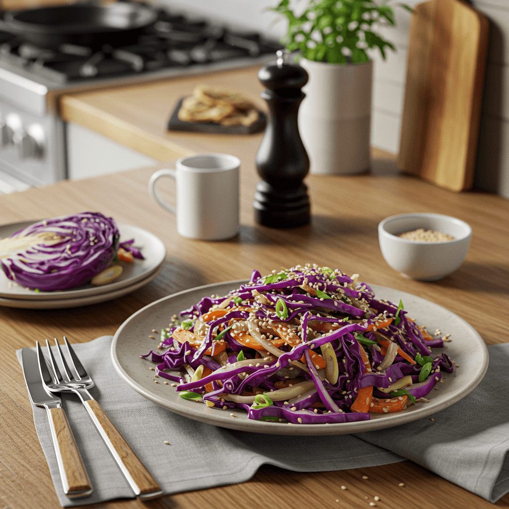 Oven-Roasted Rainbow Cabbage Salad with Sweet Sesame Dressing