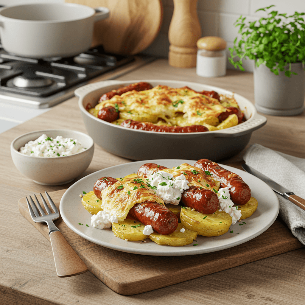Oven-Roasted Sausage and Potato Bake with Feta and Herb Aioli