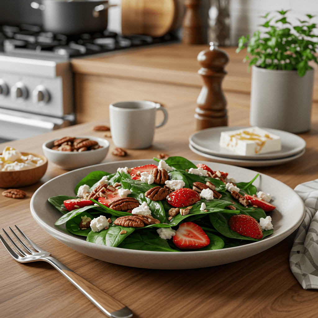 Oven-Roasted Strawberry Spinach Salad with Pecans and Feta