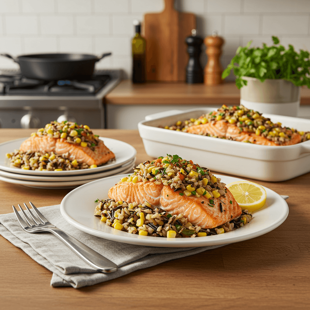 Oven-Roasted Stuffed Atlantic Salmon with Wild Rice and Corn