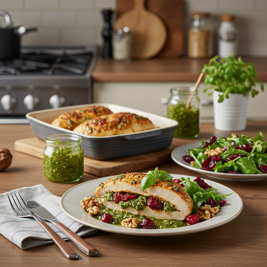 Oven-Roasted Stuffed Chicken Breast with Herb Pesto and Walnut Cranberry Salad