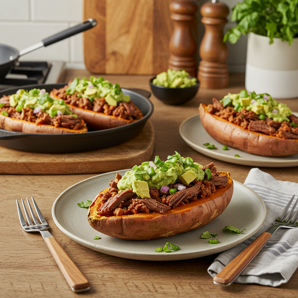 Oven-Roasted Sweet Potato Boats with Carne Asada and Avocado-Cottage Cheese Salsa