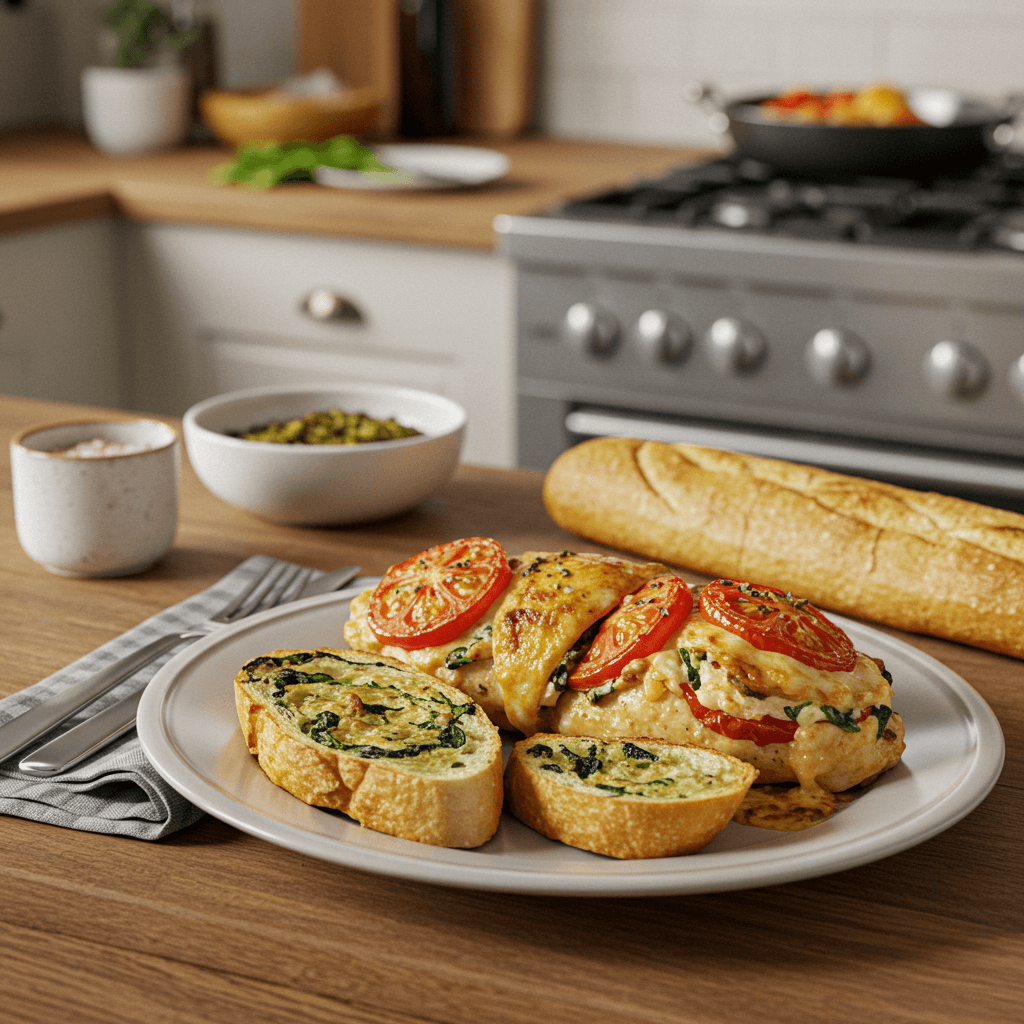 Oven-Roasted Tomato and Cheese-Stuffed Chicken with Spinach Baguette