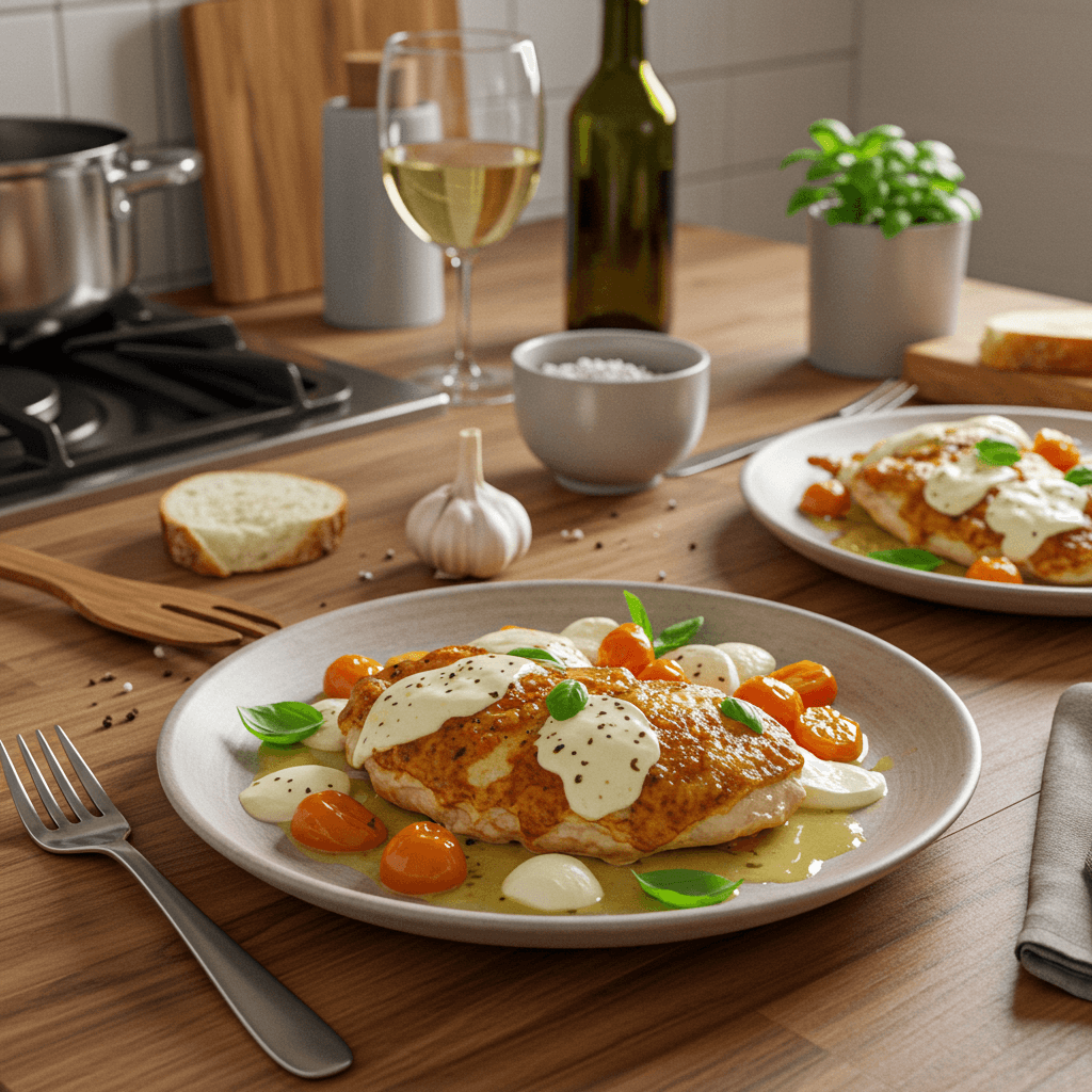 Pan-Fried Chicken with Garlic White Wine Sauce and Mozzarella